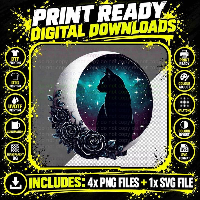 Black Cat Crescent Moon with Stars and Roses Midnight Png SVG Digital Bundle