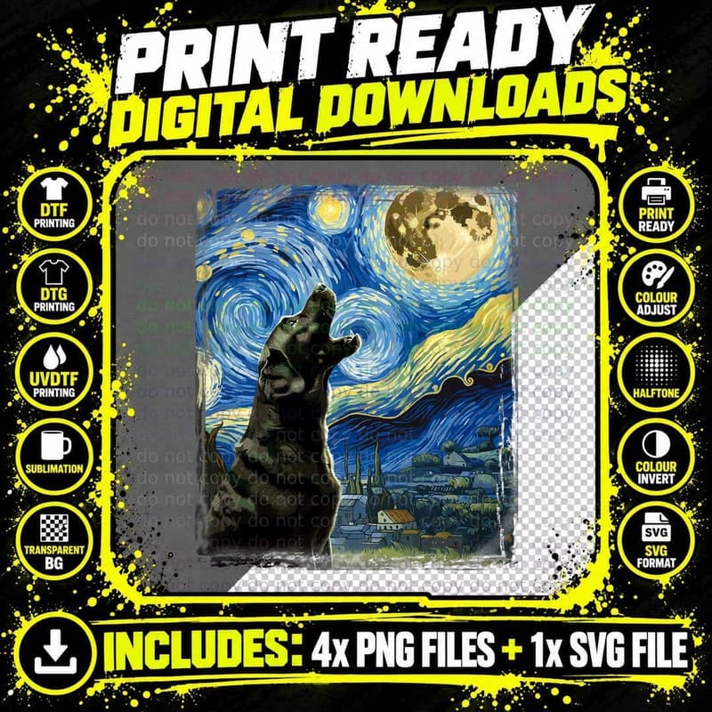 Black Lab Dog Canine Art Van Gogh Starry Night Labrador Png SVG Digital Bundle