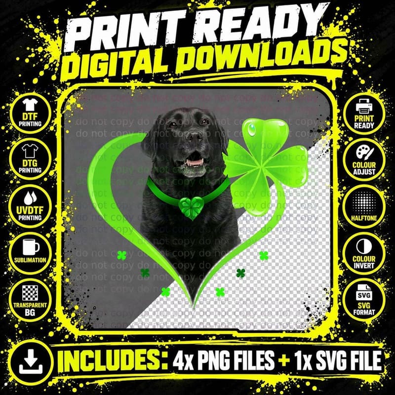 Black Lab in Shamrock Heart St Patricks Day Gift Dog Png SVG Digital Bundle