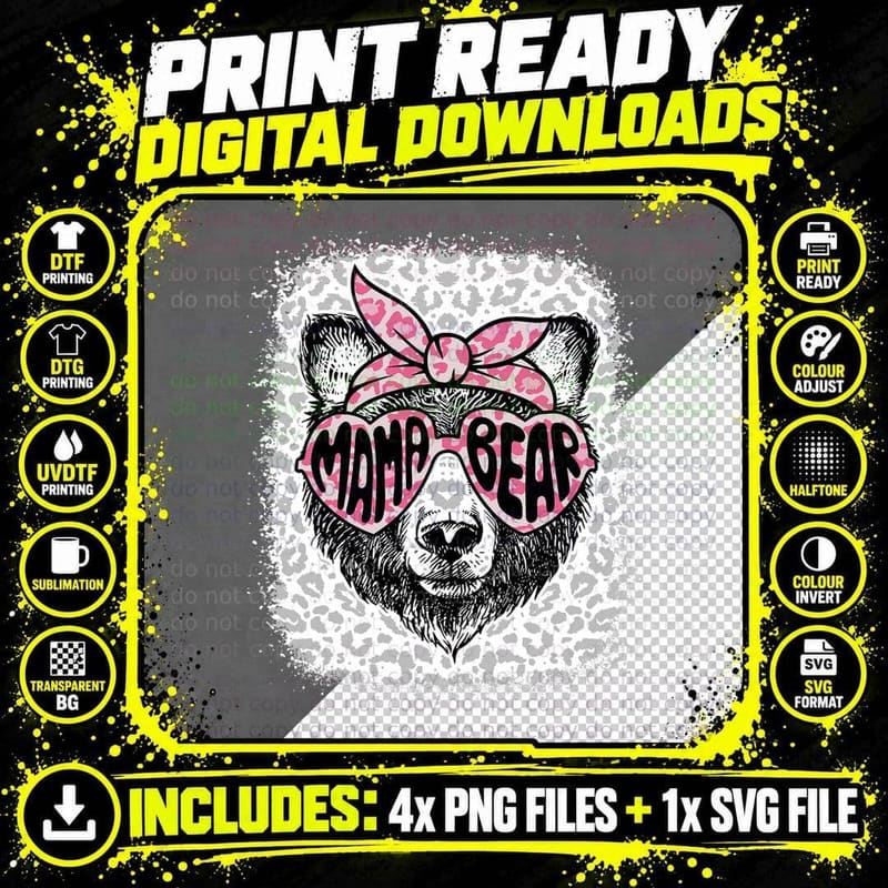 Bleached Mama Bear Leopard Headband Mothers Day Mom Png SVG Digital Bundle