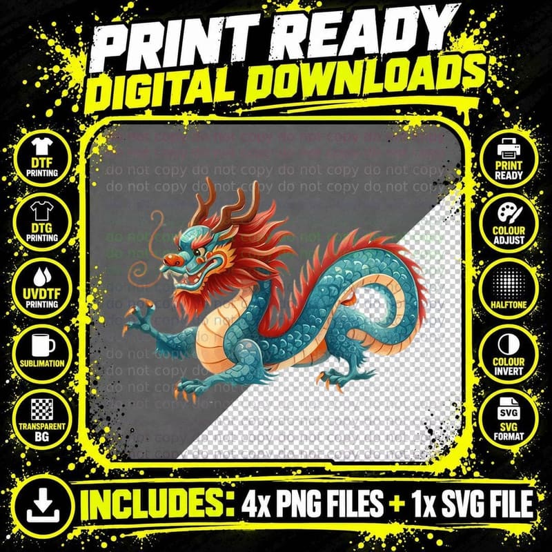 Blue Dragon with Red Mane Lunar New Year T-Shirt Png SVG Digital Bundle