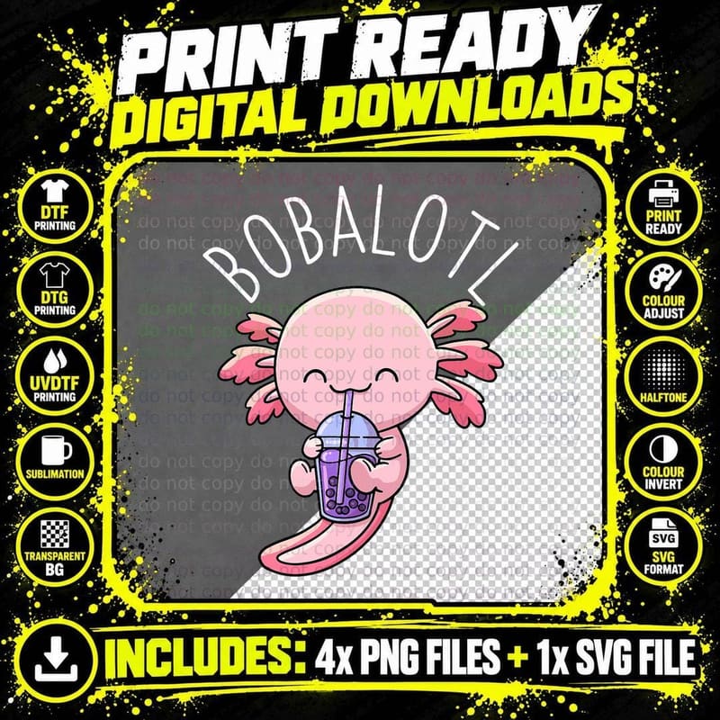 Bobalotl Axolotl Boba Tea Bubble Milk, Boba Lover Gift Png SVG Digital Bundle
