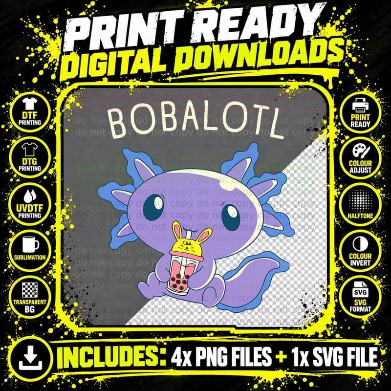 Bobalotl Axolotl Boba Tea, for Women, Cute Animal Png SVG Digital Bundle