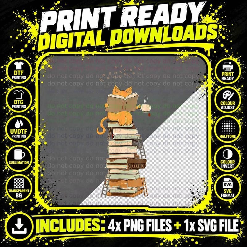 Book Lover Cat Reading Book Cats & Ladders for Education Png SVG Digital Bundle