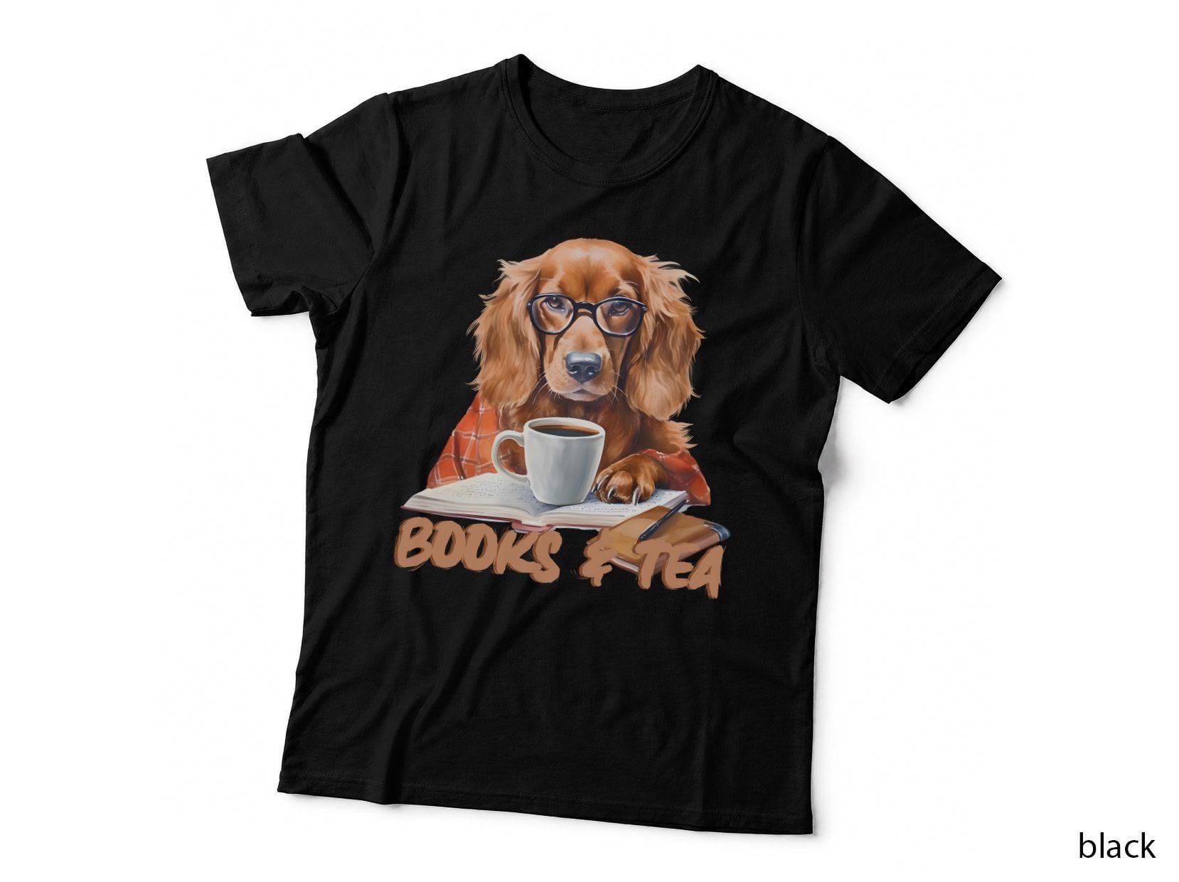 Books & Tea Funny Dog T-Shirt, Dog Reading Book with Tea Graphic Tee