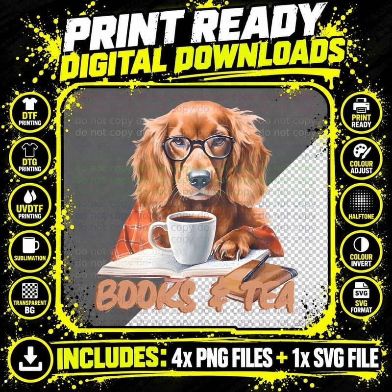 Books & Tea Funny Dog T-Shirt, Dog Reading Book with Tea Png SVG Digital Bundle