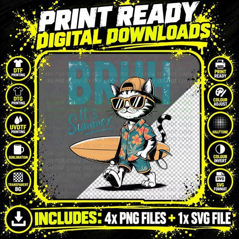 Bro It's Summer T-Shirt, Cat Surfer Surfboard Tropical Png SVG Digital Bundle