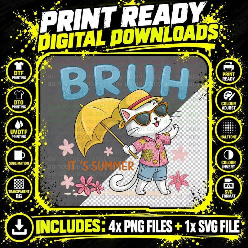 Bruh It's Summer T-Shirt, Cat in Summer Outfit Parasol Png SVG Digital Bundle