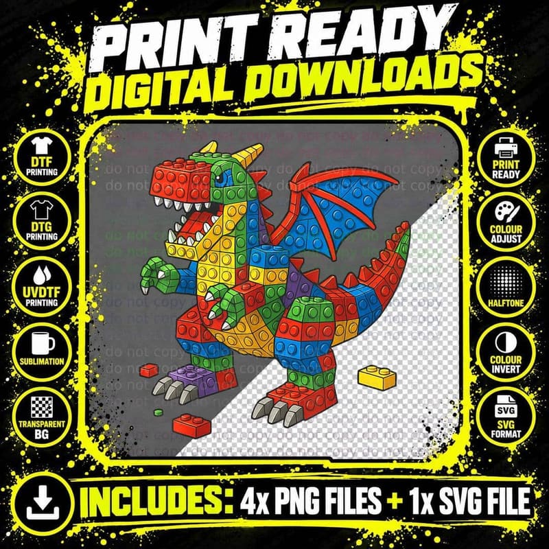 Building Blocks Dragon T-Shirt, Colorful Brick Builder Png SVG Digital Bundle