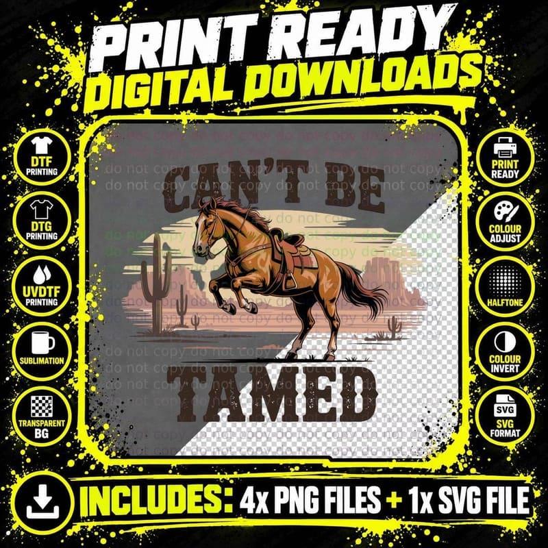 Can't Be Tamed Western T-Shirt, Wild Horse Running in Png SVG Digital Bundle