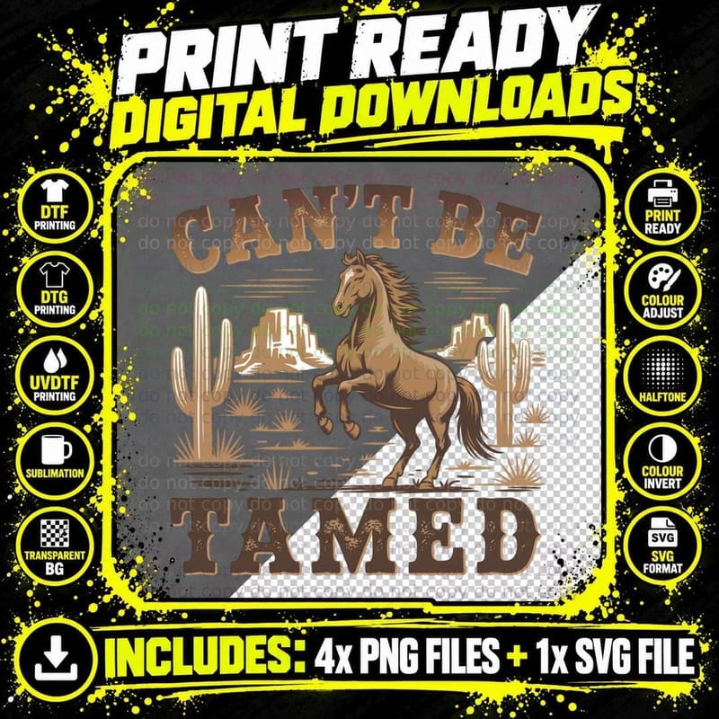 Can't Be Tamed Western T-Shirt, Wild Horse in Desert Png SVG Digital Bundle