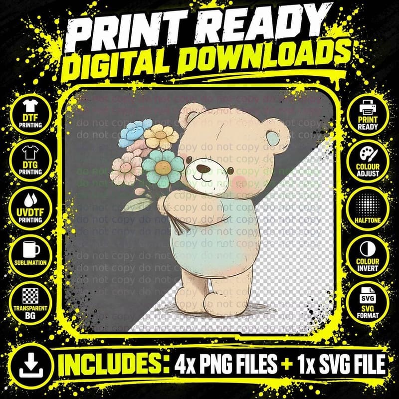 Cartoon Bear with Flowers, Cute Animal, Floral Pattern Png SVG Digital Bundle