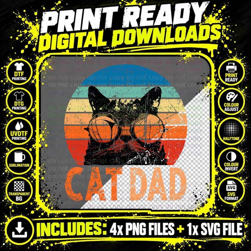 Cat Dad Shirt Daddy Funny Retro Cat Dad Men Father's Day Png SVG Digital Bundle