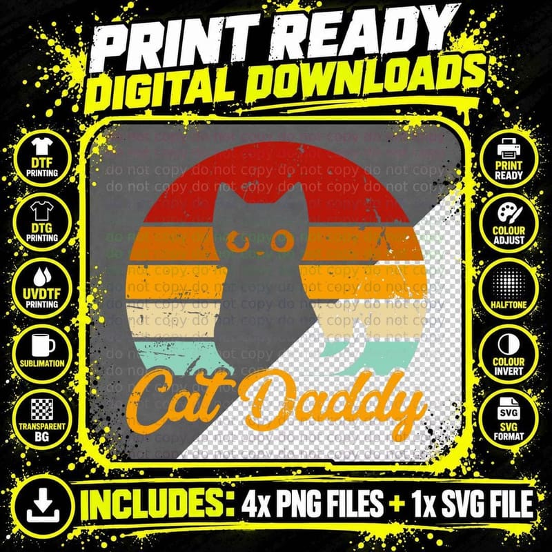 Cat Daddy - Vintage Eighties Style Cat Retro Distressed Png SVG Digital Bundle