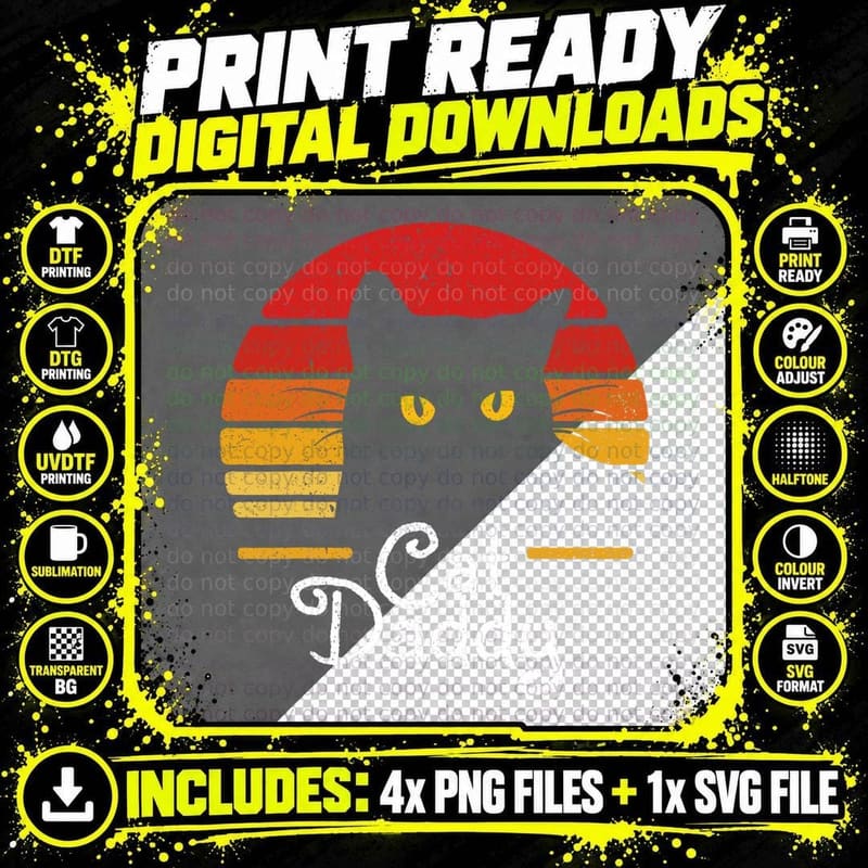 Cat Daddy Retro 70s 80s Black Cat Men Funny Cat Dad Png SVG Digital Bundle