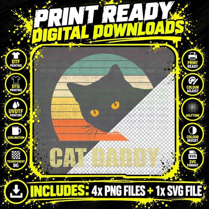 Cat Daddy Vintage Eighties Style Cat Retro Distressed Png SVG Digital Bundle