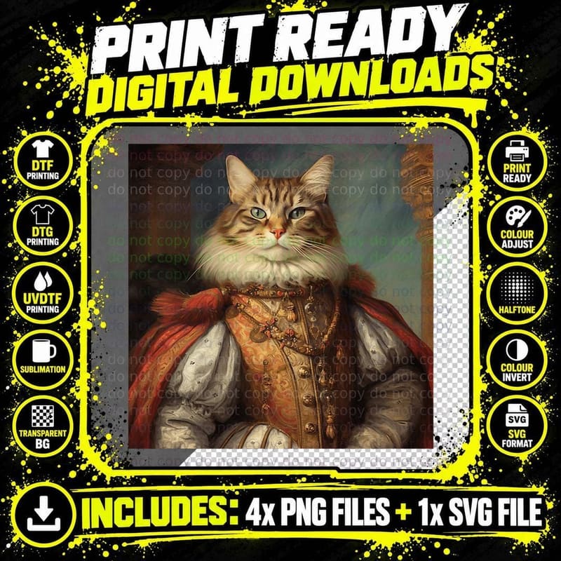 Cat Dressed in Renaissance Victorian Clothing Png SVG Digital Bundle