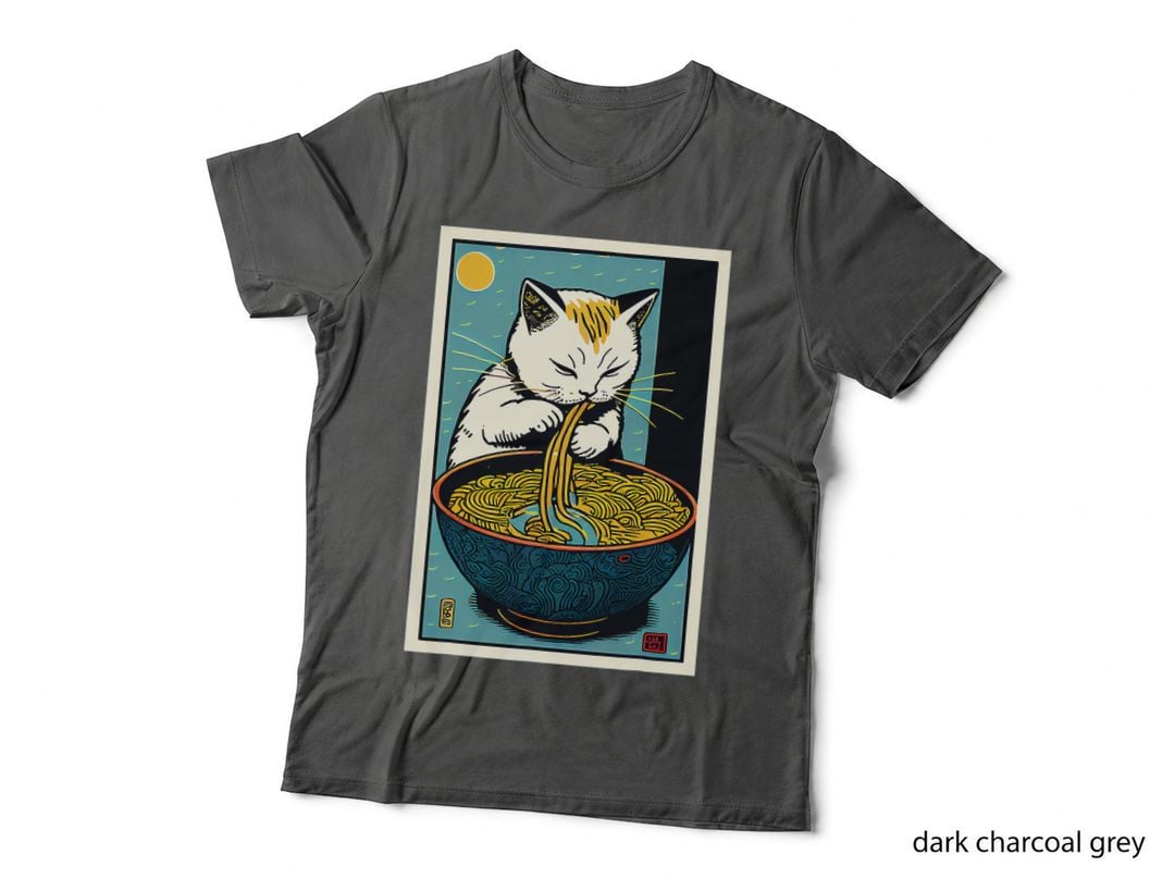 Cat Eating Ramen Noodles Cute Vintage Japanese Art Graphic T-Shirt