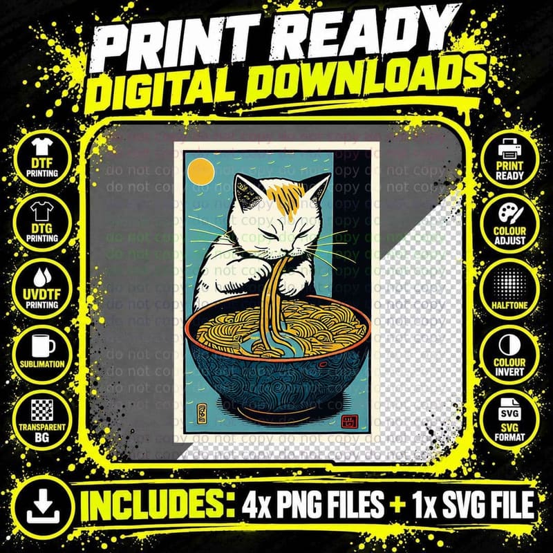 Cat Eating Ramen Noodles Cute Vintage Japanese Art Png SVG Digital Bundle