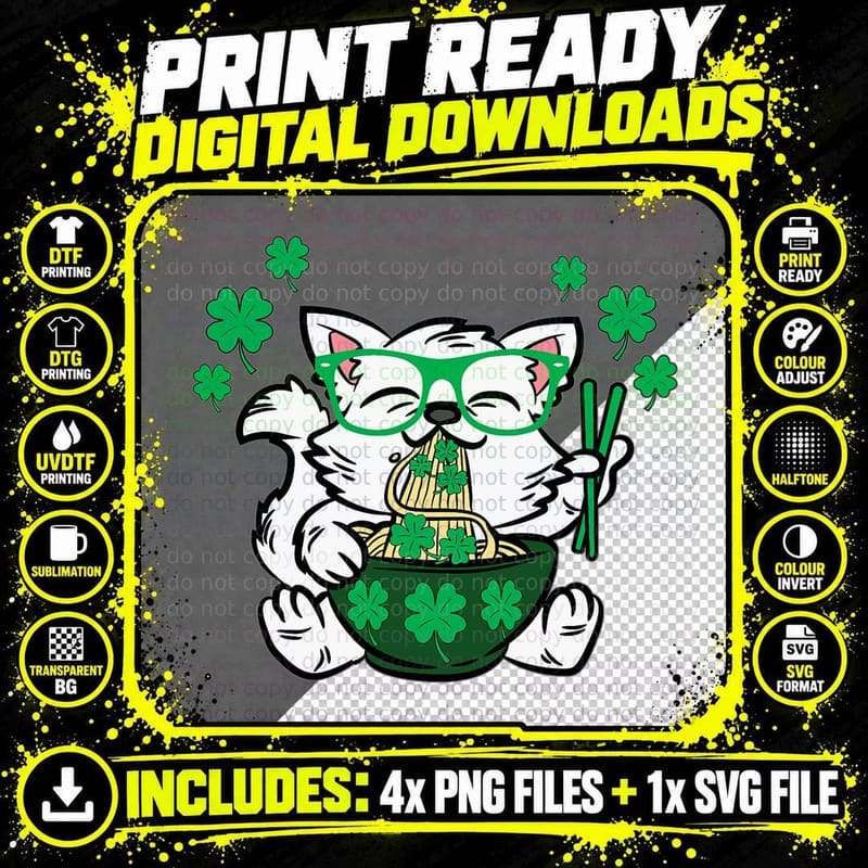 Cat Eating Ramen St Patricks Day Japanese Food Shamrock Png SVG Digital Bundle