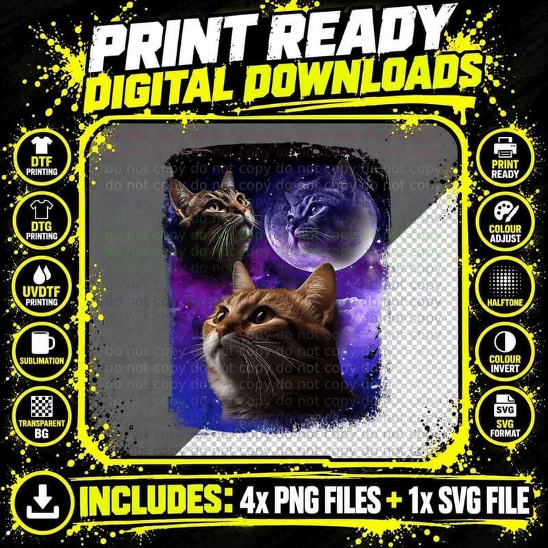 Cat Howling at Moon Galaxy Funny Three Cats Howl Wolf Png SVG Digital Bundle