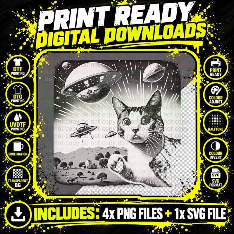 Cat Incident Involving Uaps Funny UFO Retro Aliens Png SVG Digital Bundle