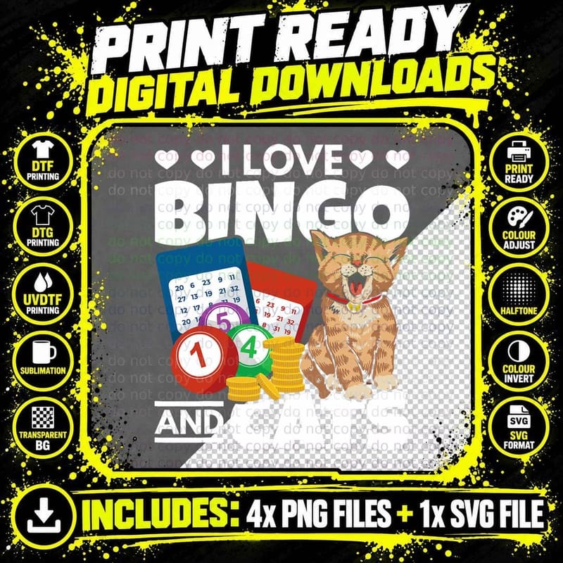 Cat Lover I Love Bingo and Cats Gambling Bingo Player Png SVG Digital Bundle