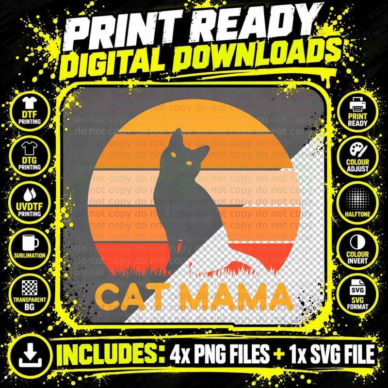 Cat Mama Funny Mama T-Shirt, Cat Silhouette Against Png SVG Digital Bundle