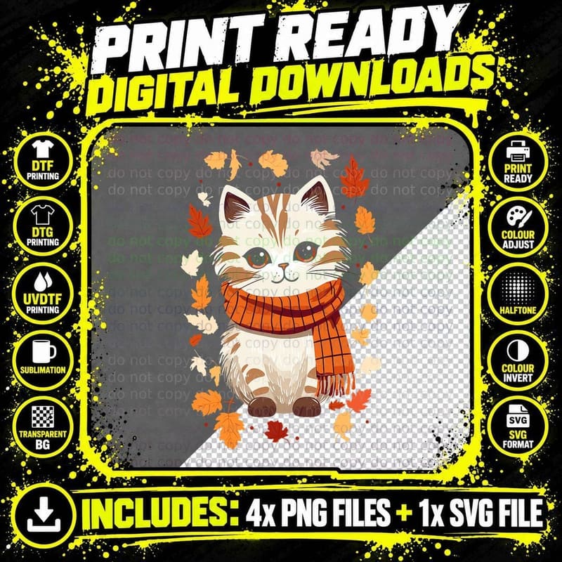 Cat Mom Fall Vibes Kitten Art Women, Kids Png SVG Digital Bundle