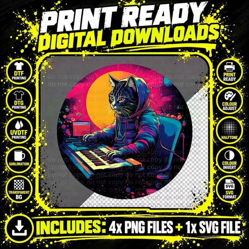 Cat Producer Retro Synthesizer Keyboard Music Piano Png SVG Digital Bundle