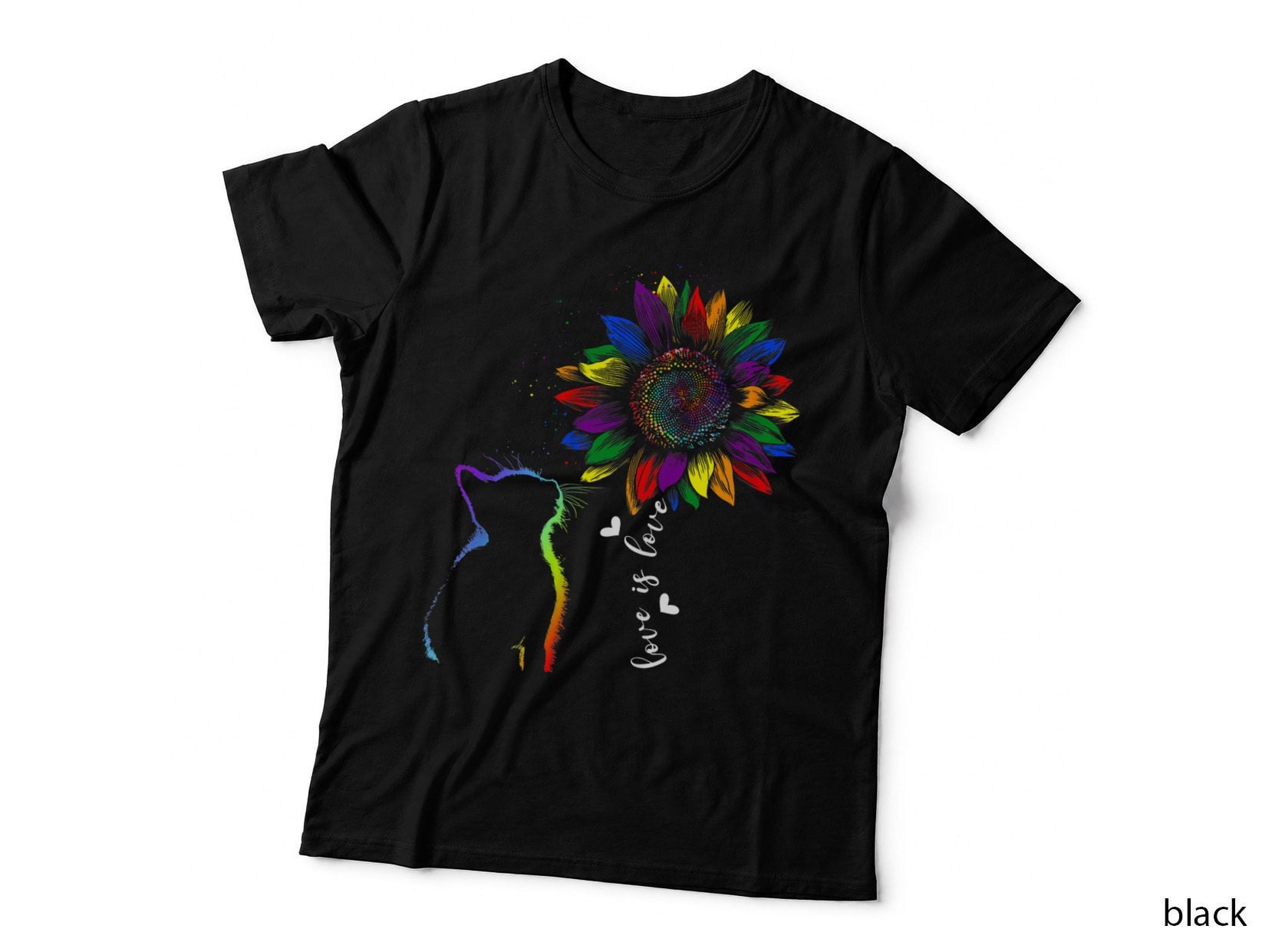 Cat Rainbow Sunflower Love Is Love LGBT Gay Lesbian Pride T-Shirt