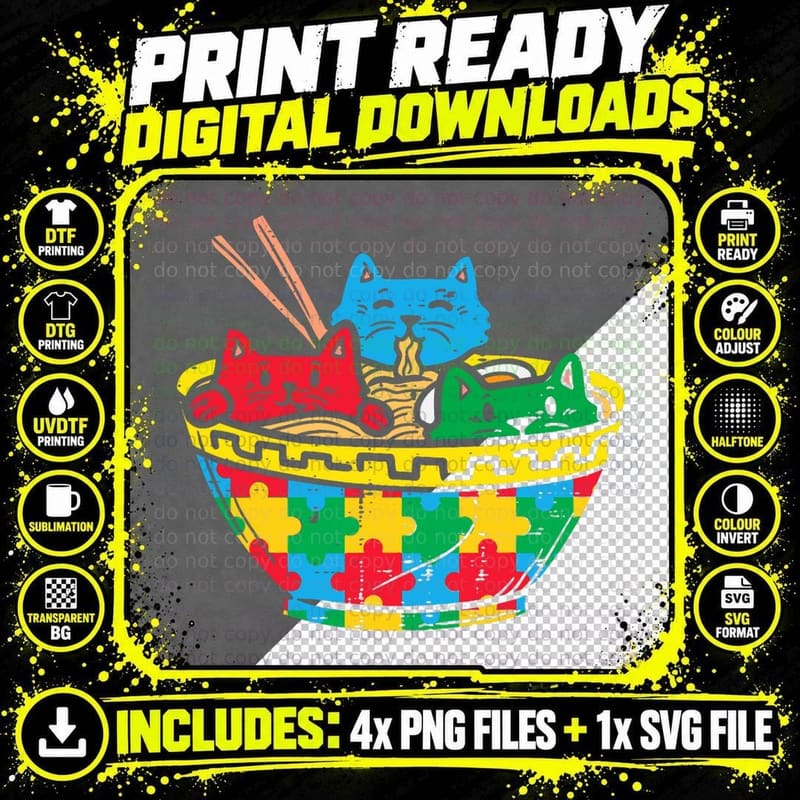 Cat Ramen Puzzle Autism Awareness Japanese Noodle Food Png SVG Digital Bundle
