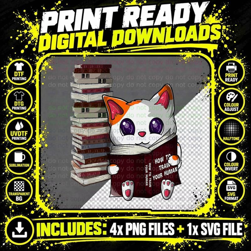 Cat Reading Books, School Teacher, Books Reading Cat Png SVG Digital Bundle