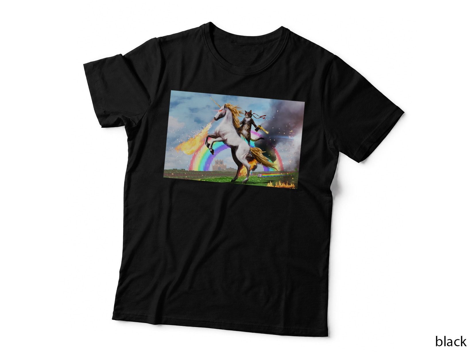 Cat Riding Fire Breathing Unicorn Meme, Funny Animal, Humor T-Shirt