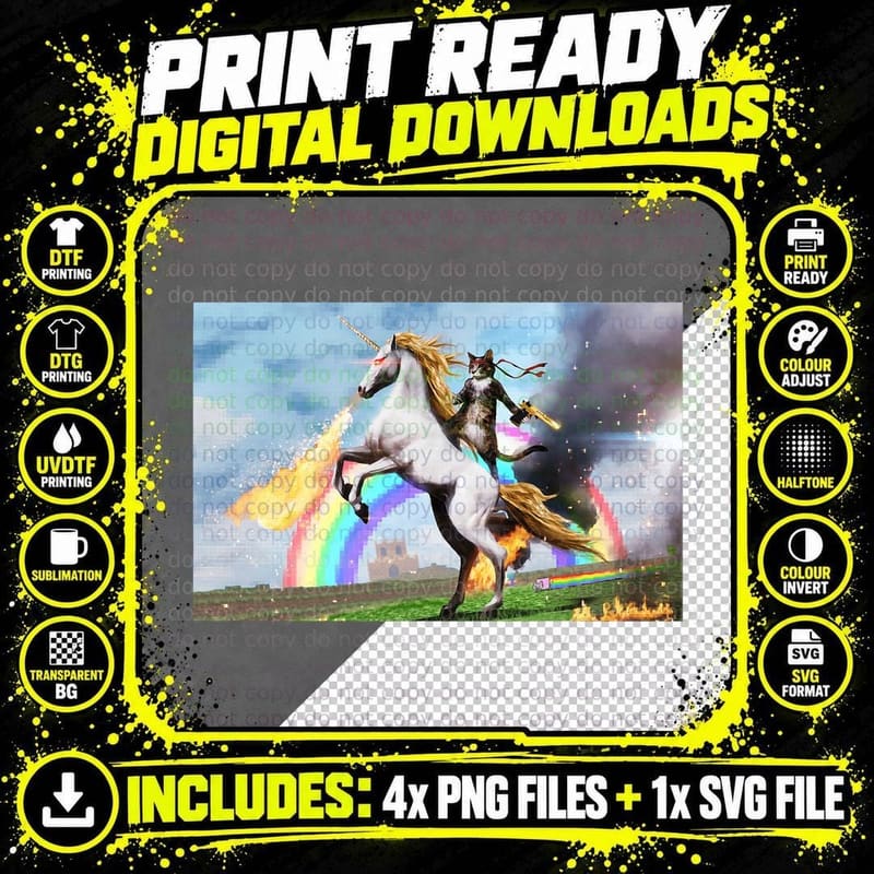 Cat Riding Fire Breathing Unicorn Meme, Funny Animal Png SVG Digital Bundle