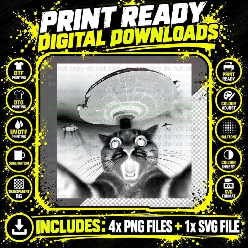 Cat Selfie with Ufos - Funny Design with Flying Alien Png SVG Digital Bundle