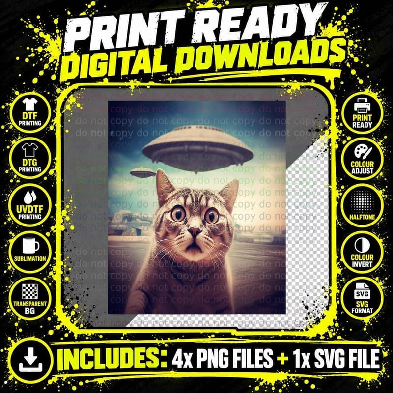 Cat Selfie with Ufos Alien Extraterrestrial UFO Believer Png SVG Digital Bundle