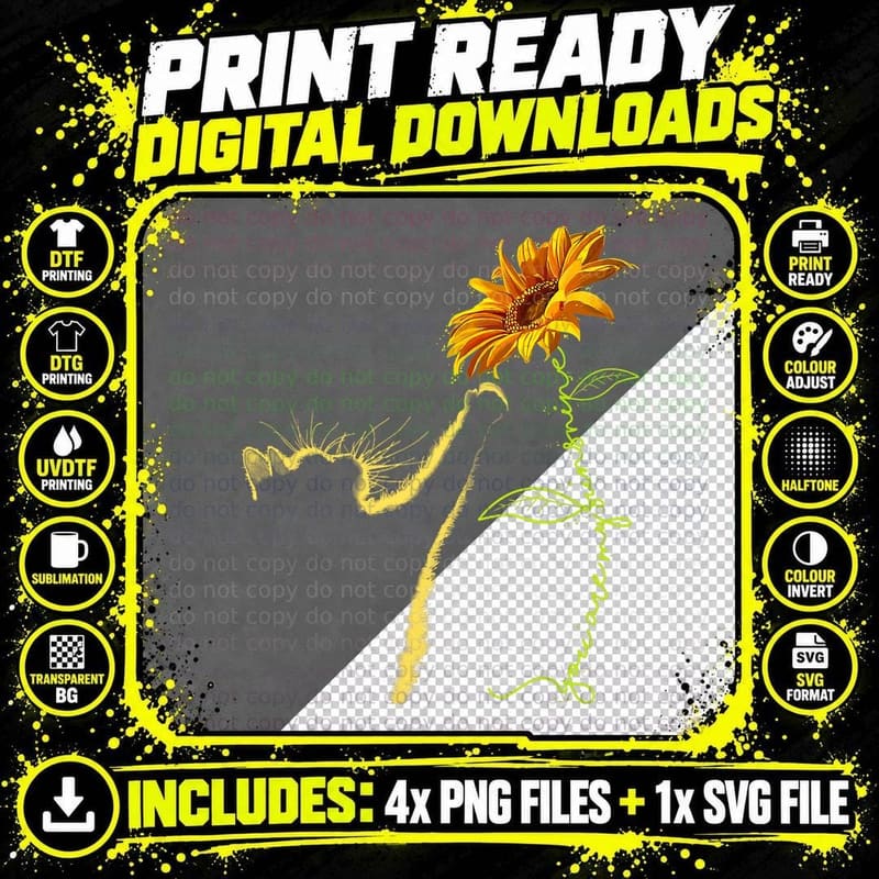 Cat Sunflower Gifts for Cat Lovers, Cat Mom, Cat Lady Png SVG Digital Bundle