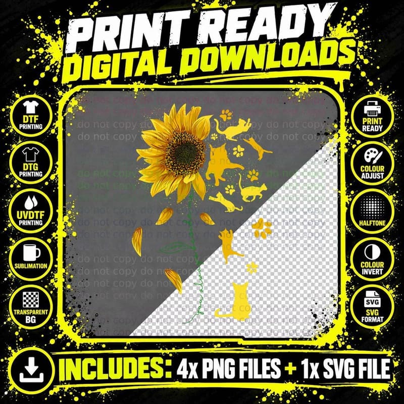 Cat Sunflower Graphic Cat Sunshine Men Women Kids Png SVG Digital Bundle