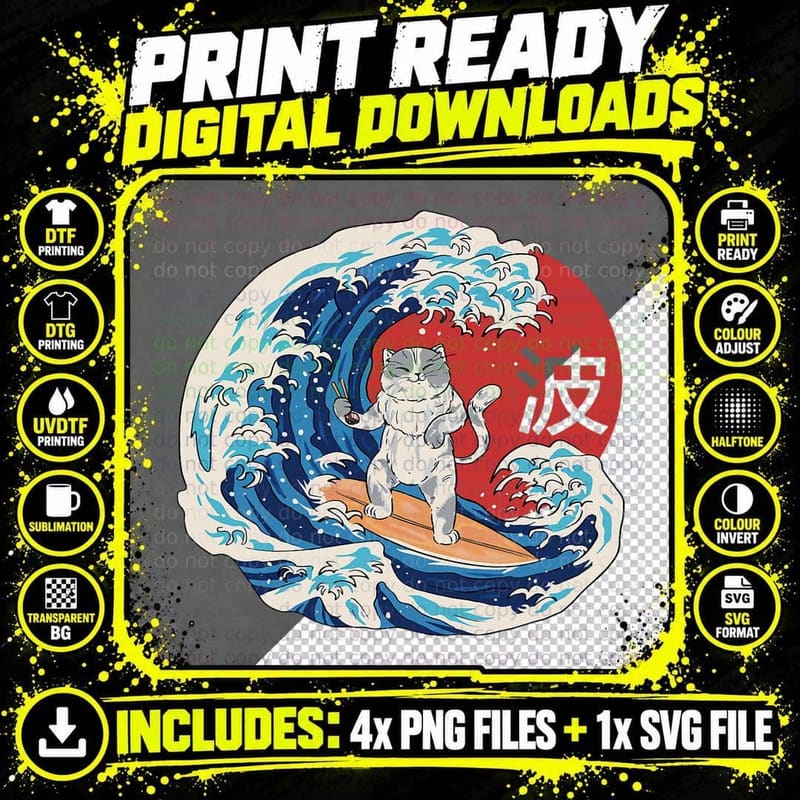 Cat Surfing Wave Japanese, Animal Lover Gift Png SVG Digital Bundle