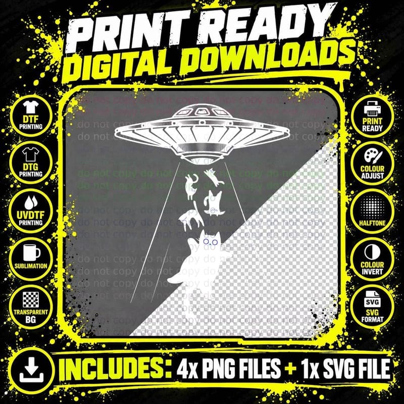 Cat UFO Funny Alien, Space Themed, Men's Humor, Sci-Fi Png SVG Digital Bundle