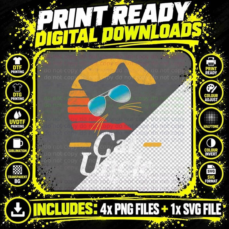 Cat Uncle Vintage 80s Style Cat Retro Sunglasses Png SVG Digital Bundle