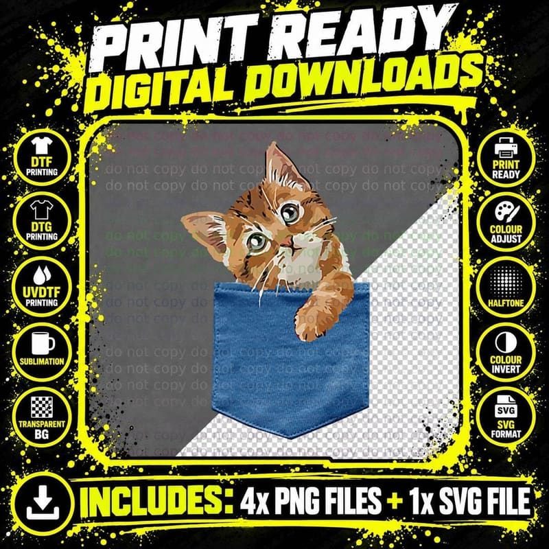 Cat in Pocket Coming Out, Cute Cat Peeking in Pocket Png SVG Digital Bundle