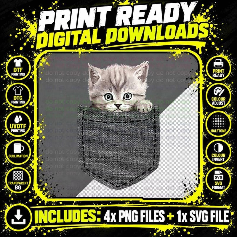 Cat in Pocket, Cute Animal, Fun, Fashion T-Shirt Png SVG Digital Bundle