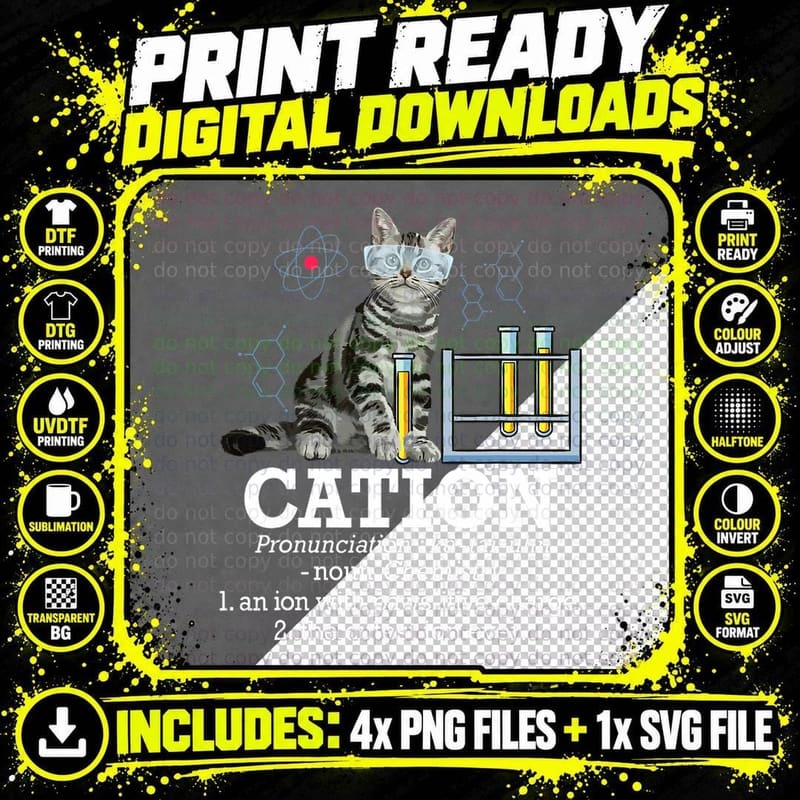 Cation - Funny Chemistry Humor Science Teacher Cat Pun Png SVG Digital Bundle