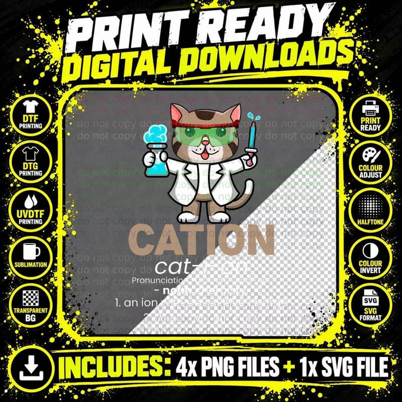 Cation Science Cat Definition Funny Chemistry Student Png SVG Digital Bundle