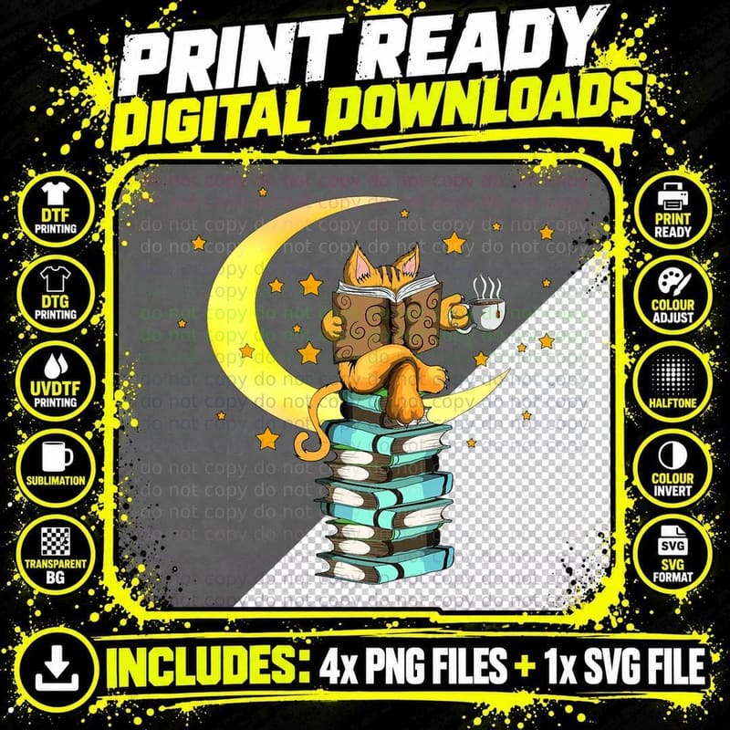 Cats Coffee Reading Kat Books Read Stubenter Kitten Png SVG Digital Bundle