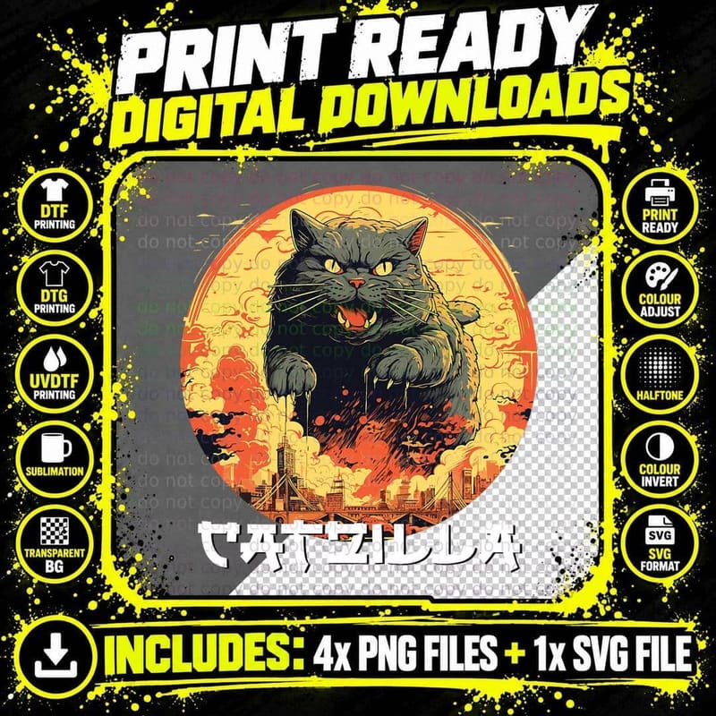 Catzilla Japanese Sunset Funny Cat Parody Vintage Png SVG Digital Bundle