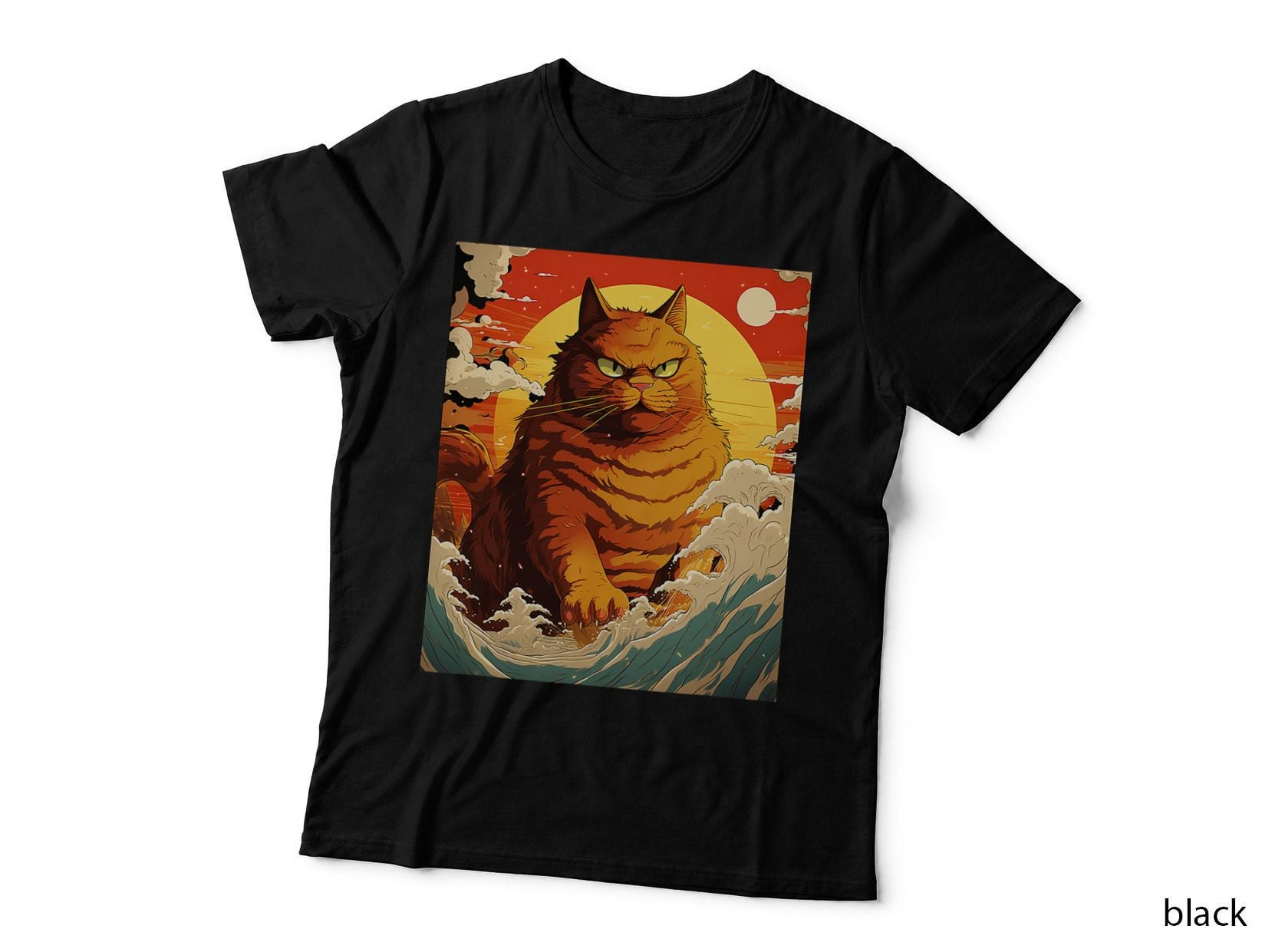 Catzilla Vintage Funny Cute Cat Art Japanese Sunset Waves T-Shirt