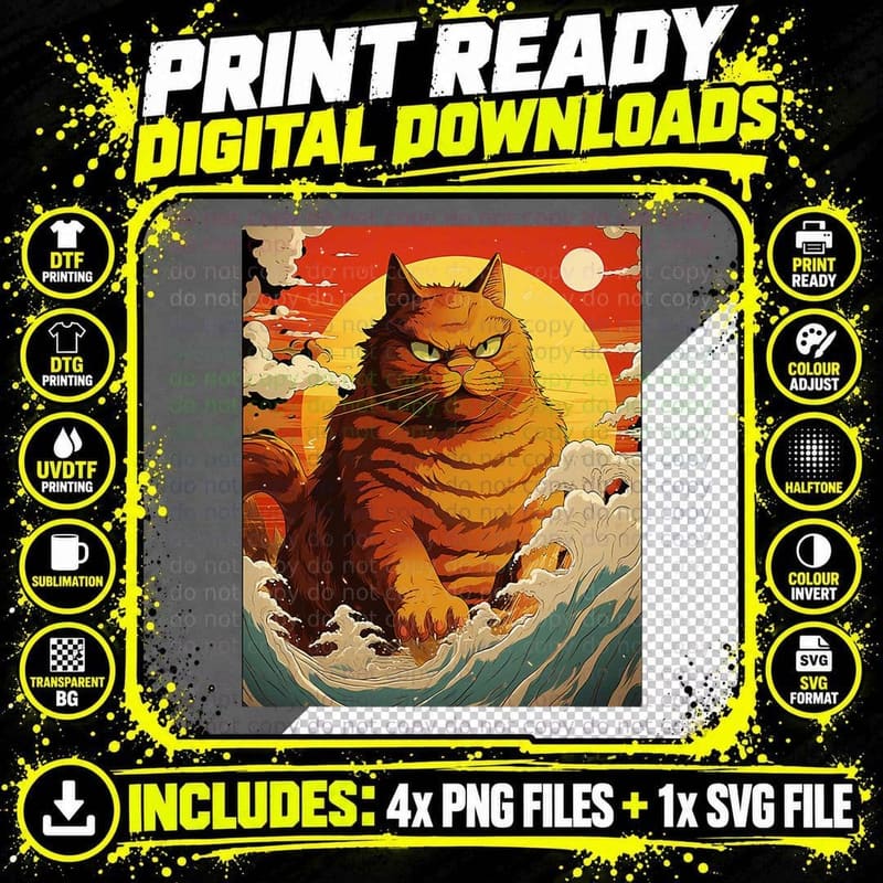 Catzilla Vintage Funny Cute Cat Art Japanese Sunset Png SVG Digital Bundle